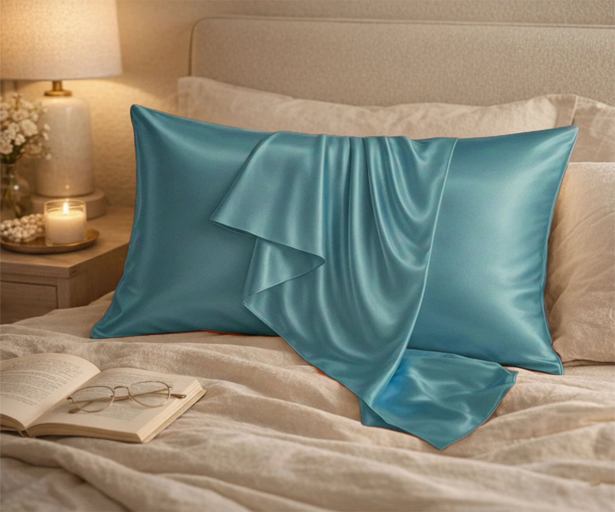 Dusty blue silk pillowcase set made from pure Mulberry silk, breathable pillow cover for healthier hair and glowing skin