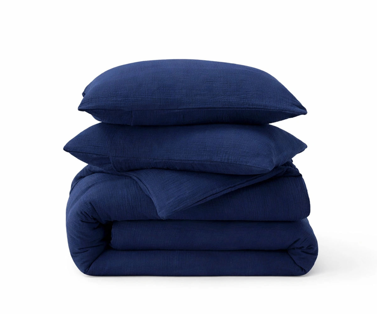 Navy blue linen duvet cover set 100% European flax breathable soft bedding with pillowcases