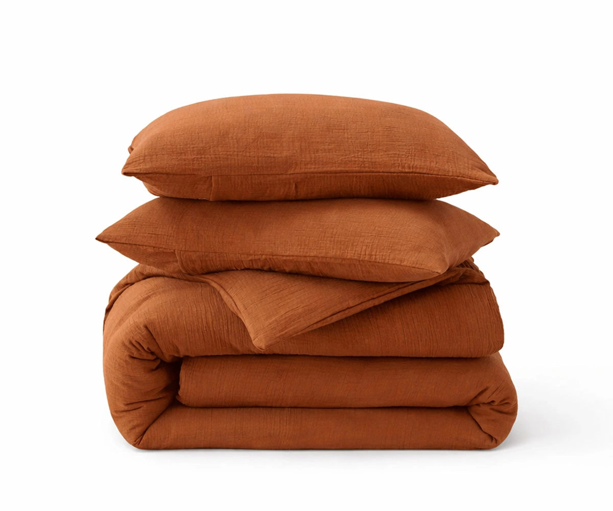 Warm cinnamon linen duvet cover king size stonewashed linen bedding natural textured finish