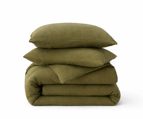 Olive green linen duvet cover set made from 100% European flax, soft breathable bedding with pillowcases