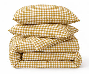 Yellow and white gingham duvet cover set in breathable European linen, cottage-style bedding for bedrooms