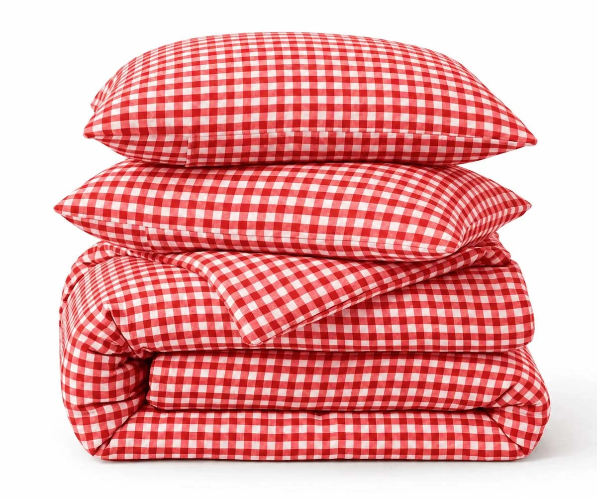 Red and white gingham duvet cover set in 100% linen, cozy cottage farmhouse bedding with pillowcases
