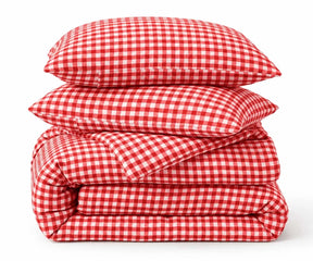 Red and white gingham duvet cover set in 100% linen, cozy cottage farmhouse bedding with pillowcases