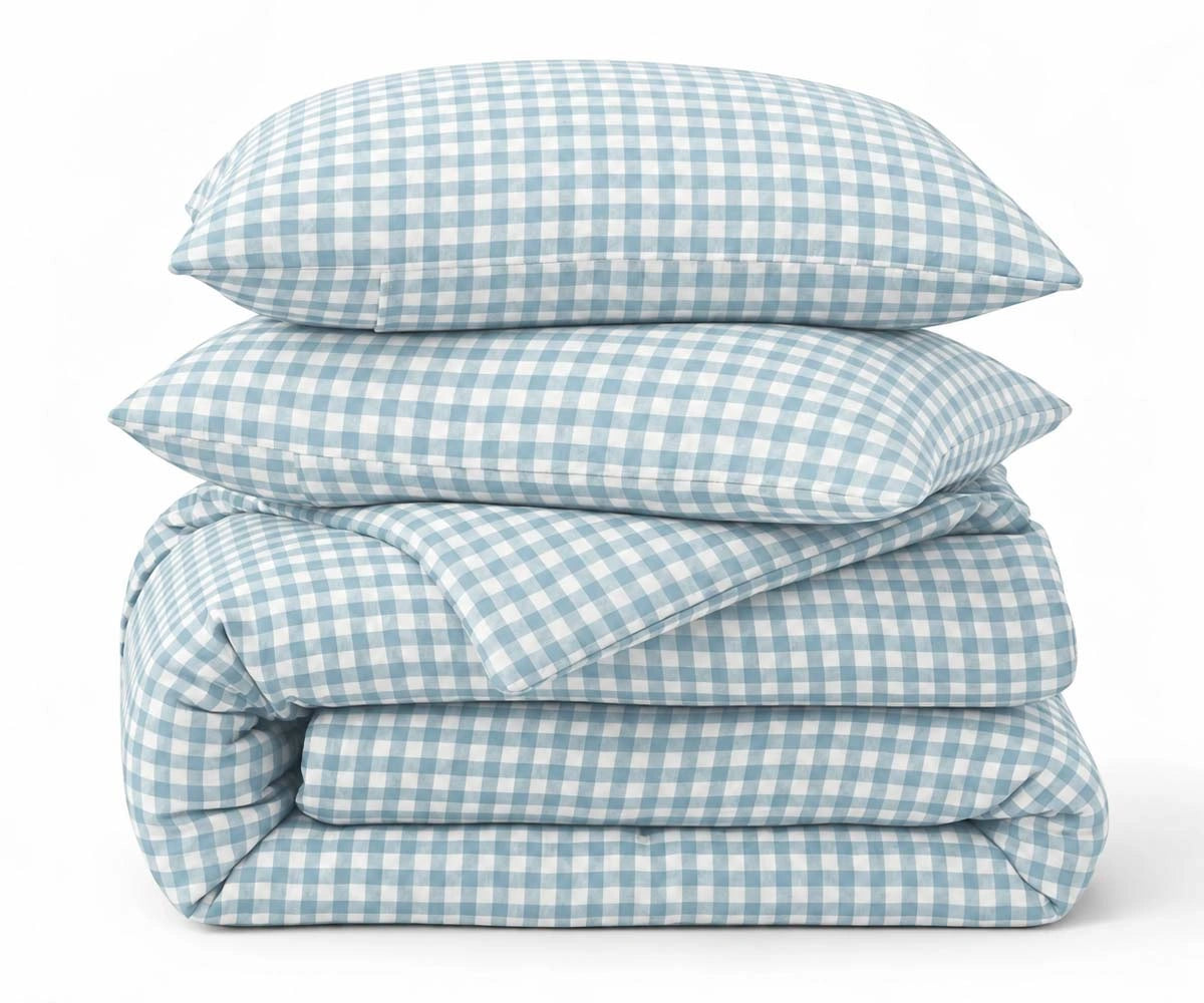Light and white gingham duvet cover set in European linen, neutral breathable bedding for a minimalist bedroom