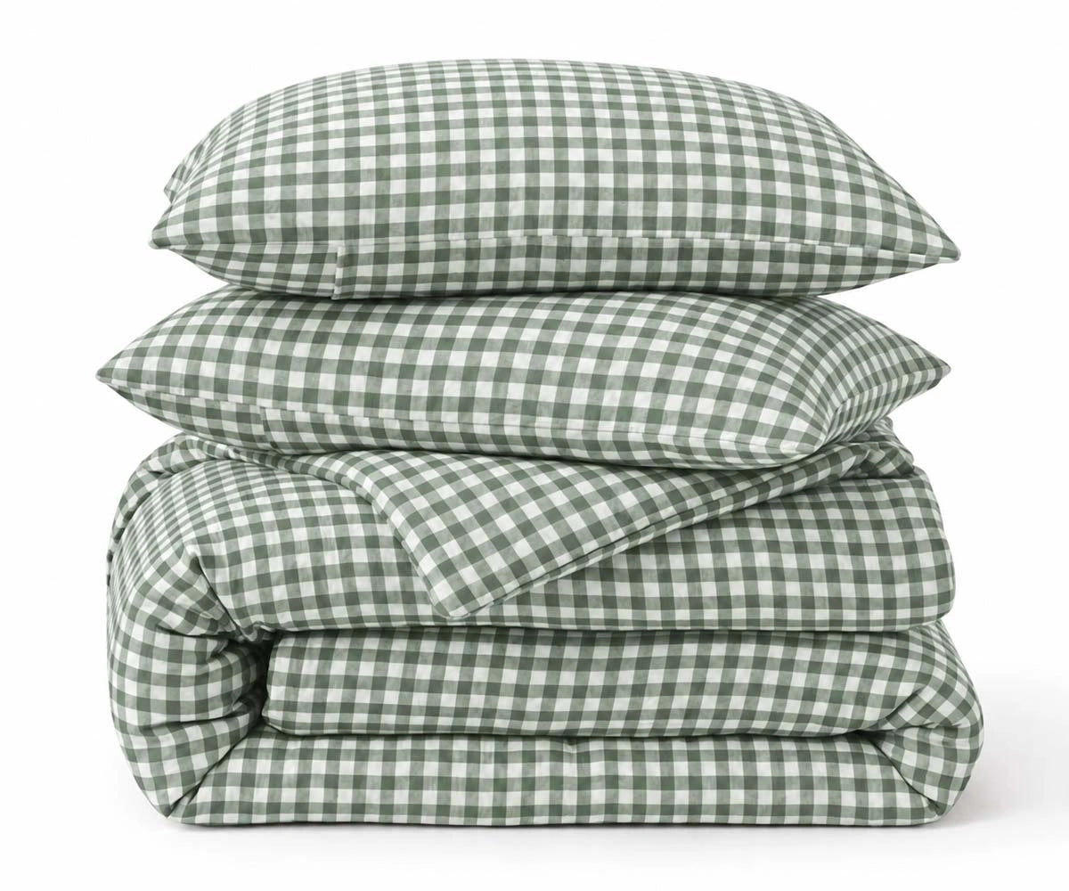 Sage green and white gingham linen duvet cover set, soft European linen bedding for a calming cottage bedroom