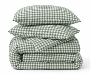 Sage green and white gingham linen duvet cover set, soft European linen bedding for a calming cottage bedroom