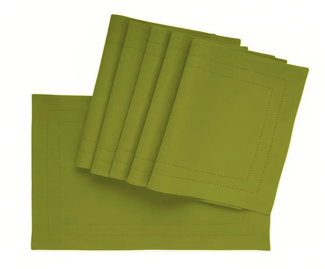 Elegant rectangular cotton placemats in earthy yellow-green, perfect for wedding table décor