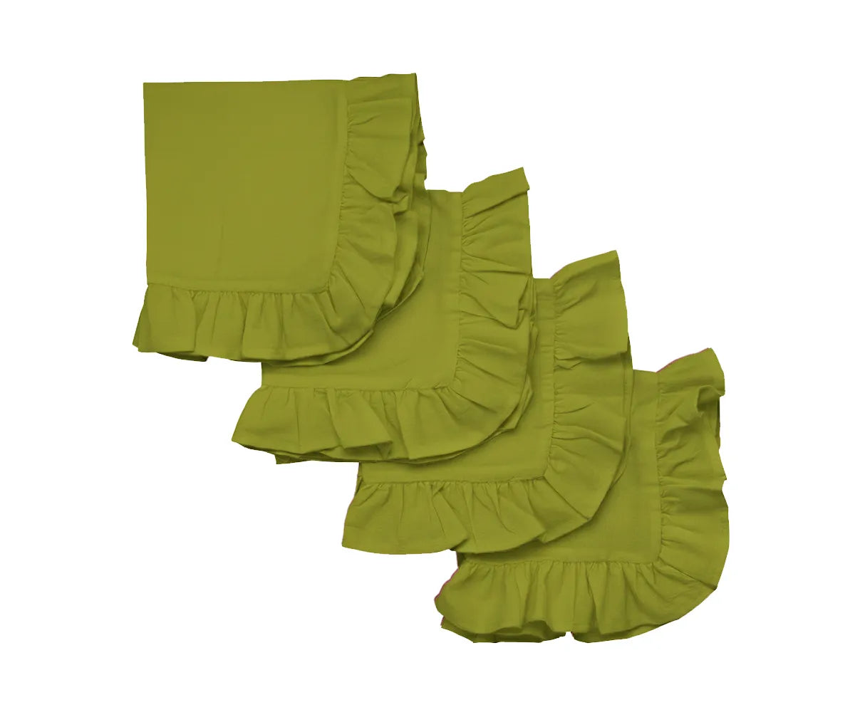 Earthy yellow green cotton ruffle napkins set for dinner table décor