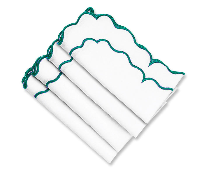 White napkins, green trim napkins, scalloped napkins, scalloped edge napkins, scalloped cocktail napkins, linen scalloped napkins, blue scalloped napkins, scalloped cloth napkins