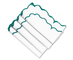 White napkins, green trim napkins, scalloped napkins, scalloped edge napkins, scalloped cocktail napkins, linen scalloped napkins, blue scalloped napkins, scalloped cloth napkins