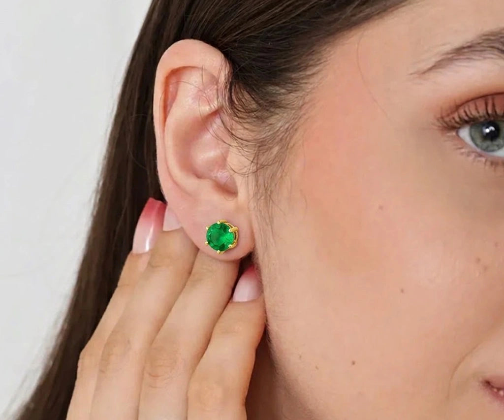 Emerald stud earrings for women with 5mm brilliant cut gemstone, 14kt yellow gold plated brass, lightweight birthstone earrings for everyday wear and gifting