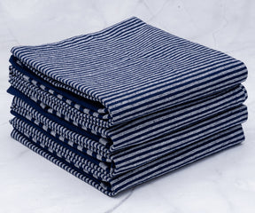 Blue towel, white striped towels, black towels