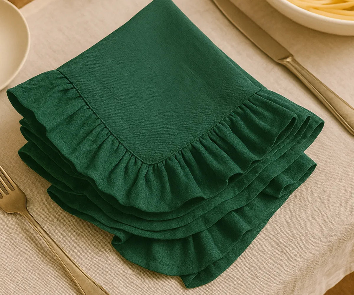 Evergreen cotton napkins with ruffle edge, 100% natural cloth, perfect for weddings, parties, and everyday dining