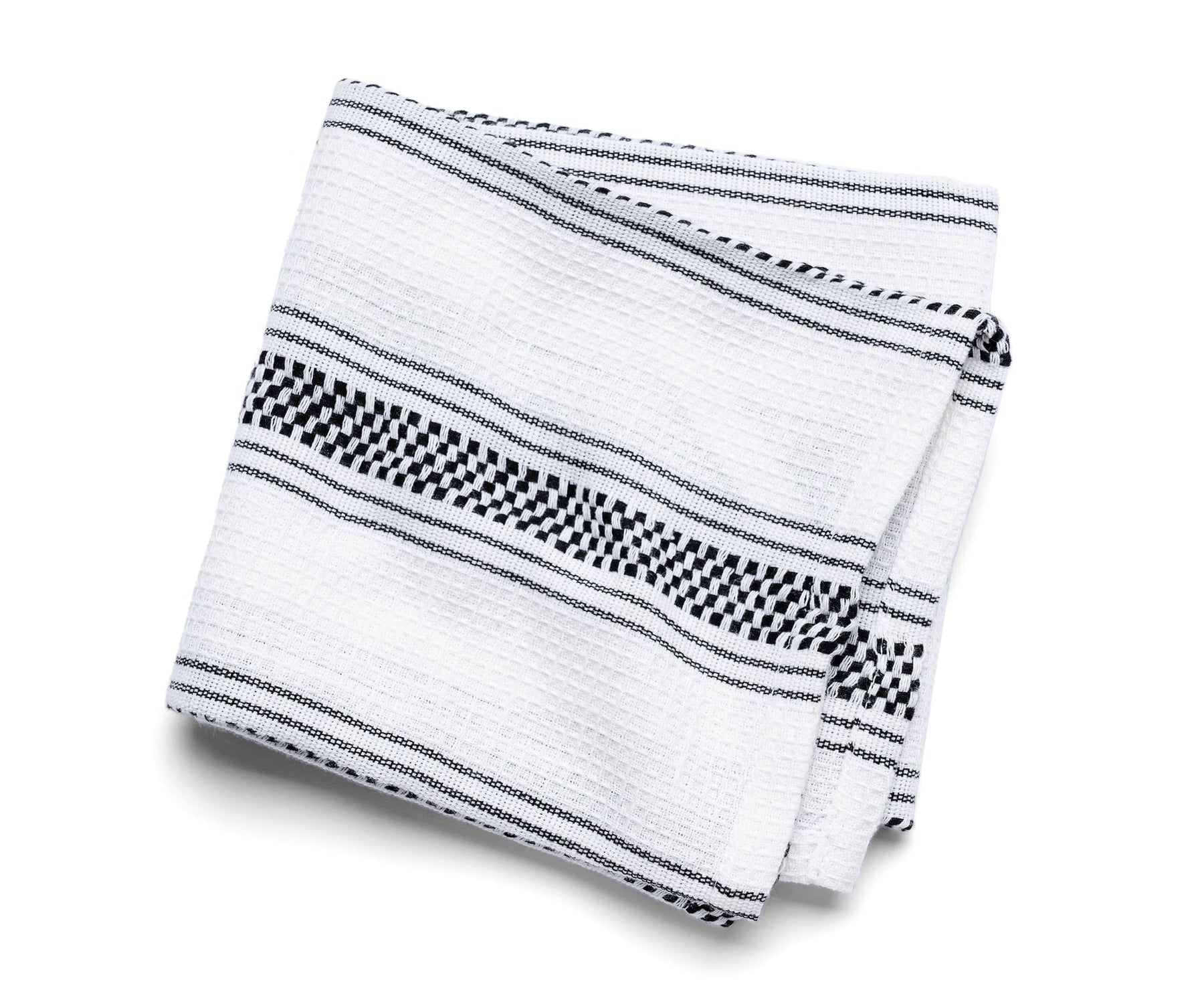 Black and white striped kitchen towel on a countertop