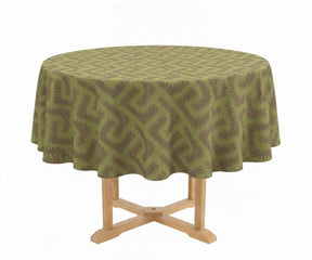 Round linen tablecloth with floral and geometric block print pattern