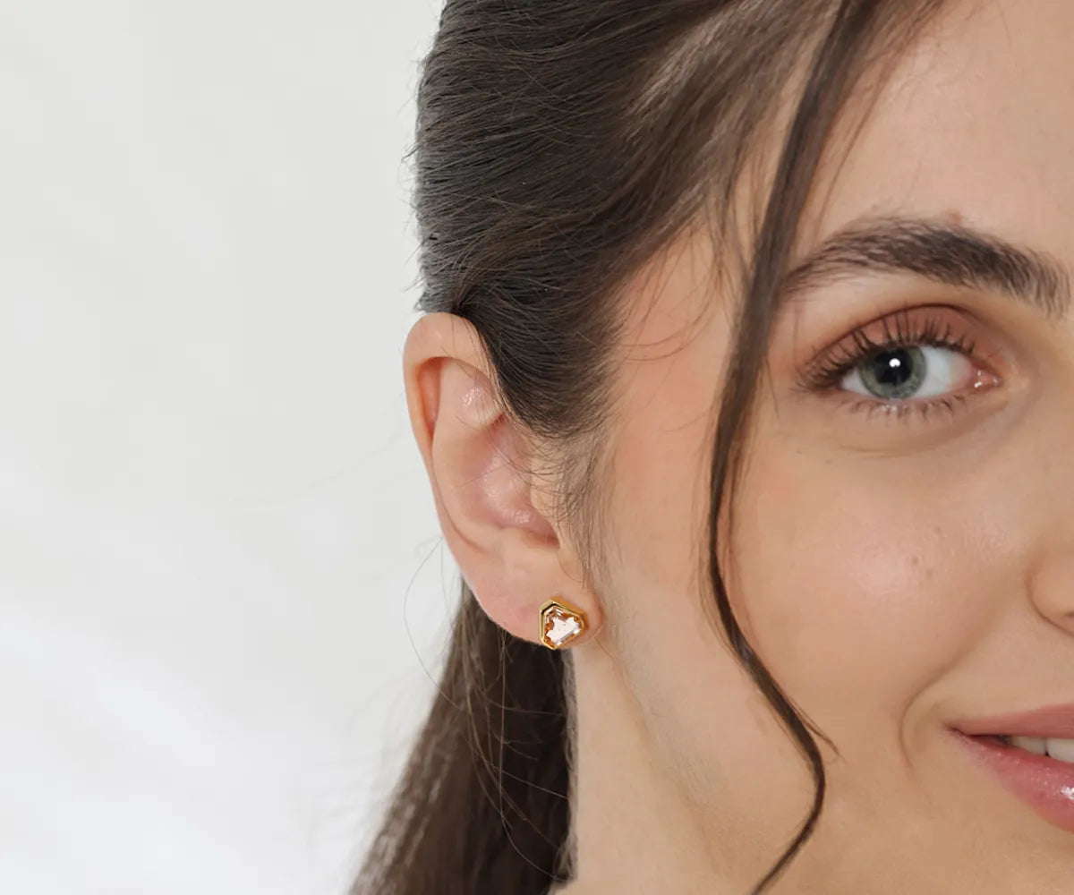 Elegant calf-cut blush morganite stud earrings with 18k yellow gold plating for women