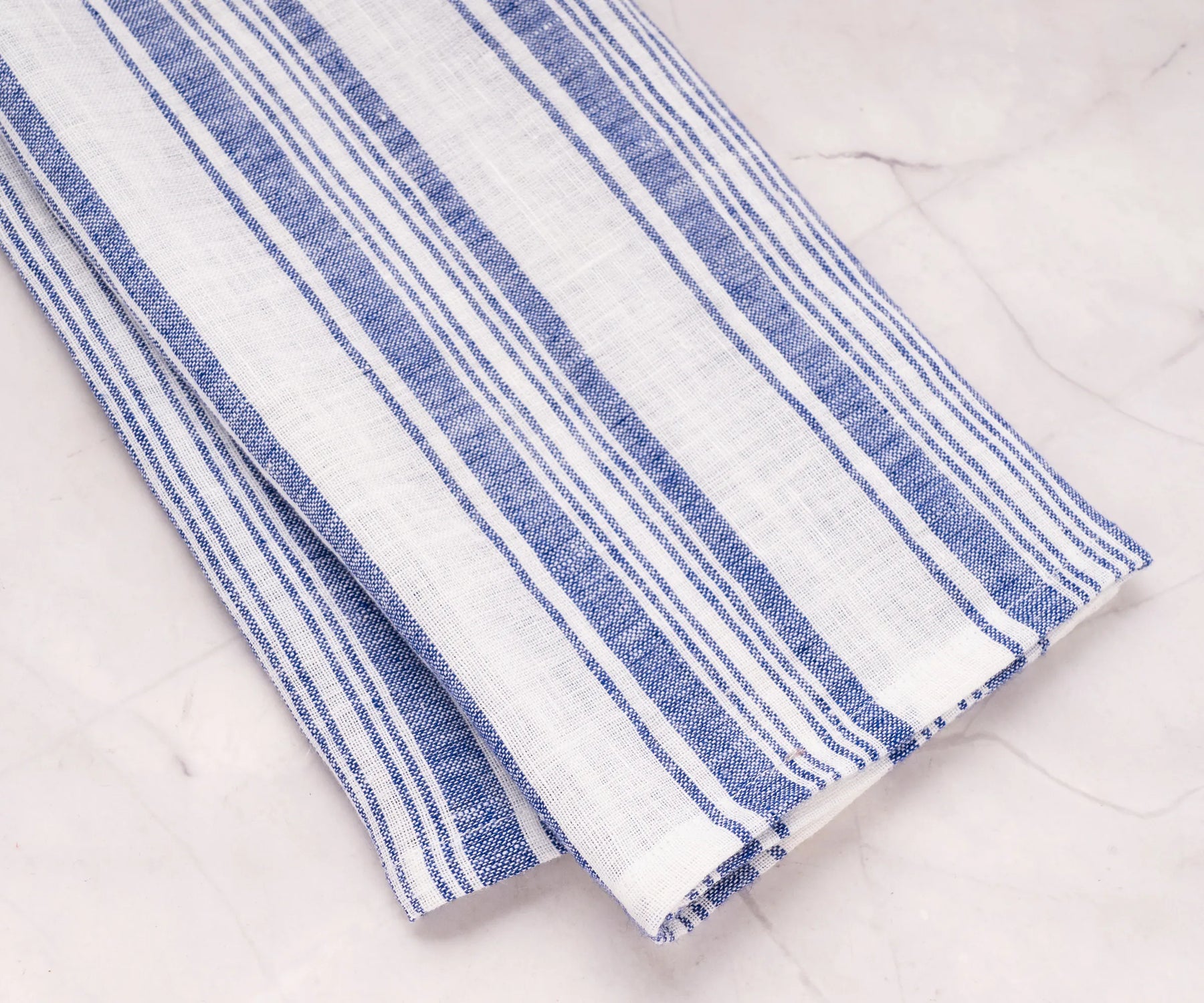 Blue striped linen dish towel set, 18x28 inches – durable eco-friendly kitchen towels for drying dishes and hands.