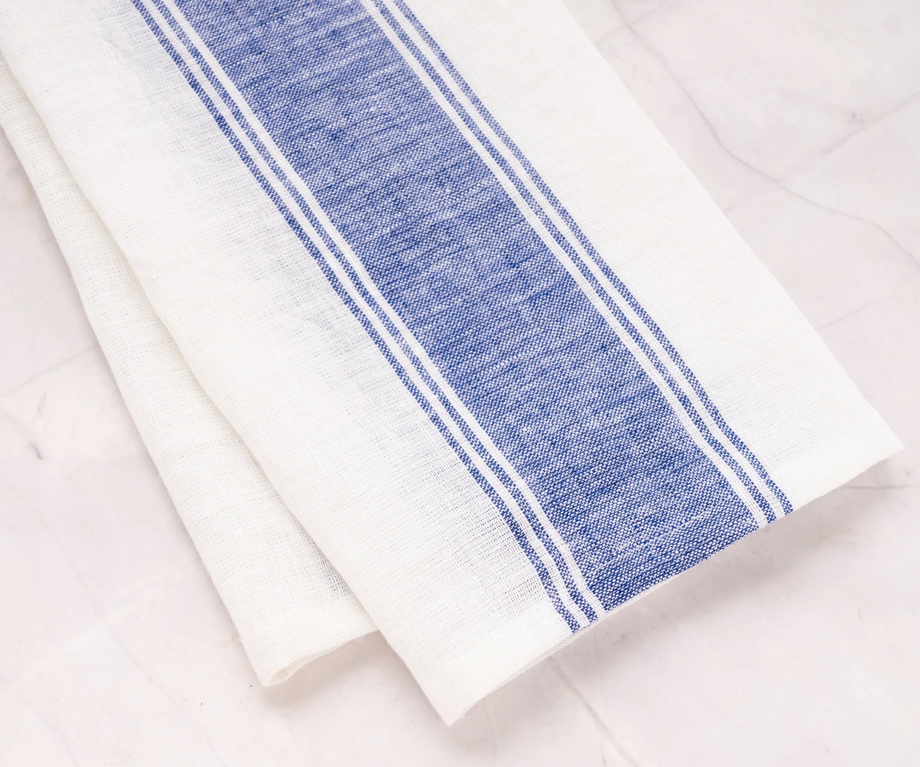 Luxury blue stripe linen towels set of 2 – soft absorbent dish cloths and stylish tea towels for rustic or modern kitchens.