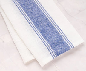 Luxury blue stripe linen towels set of 2 – soft absorbent dish cloths and stylish tea towels for rustic or modern kitchens.