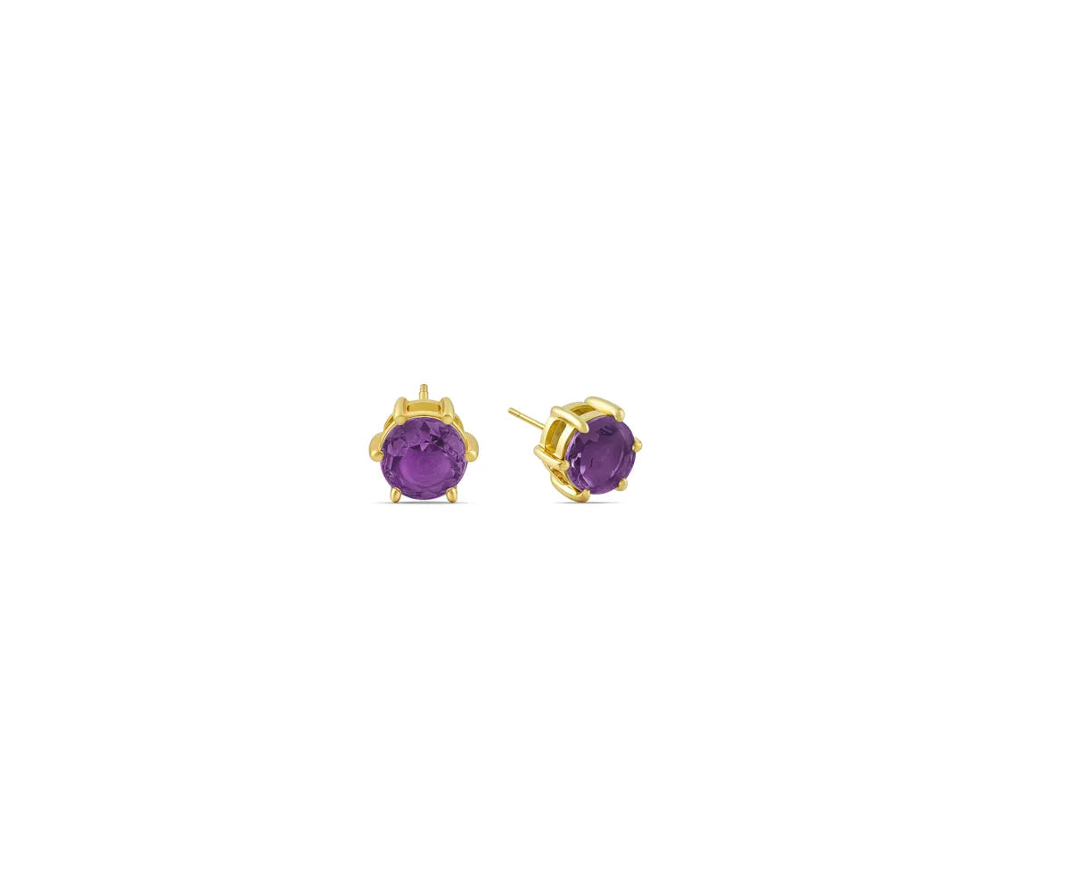 Close-up of amethyst stud earrings with 14K gold plating