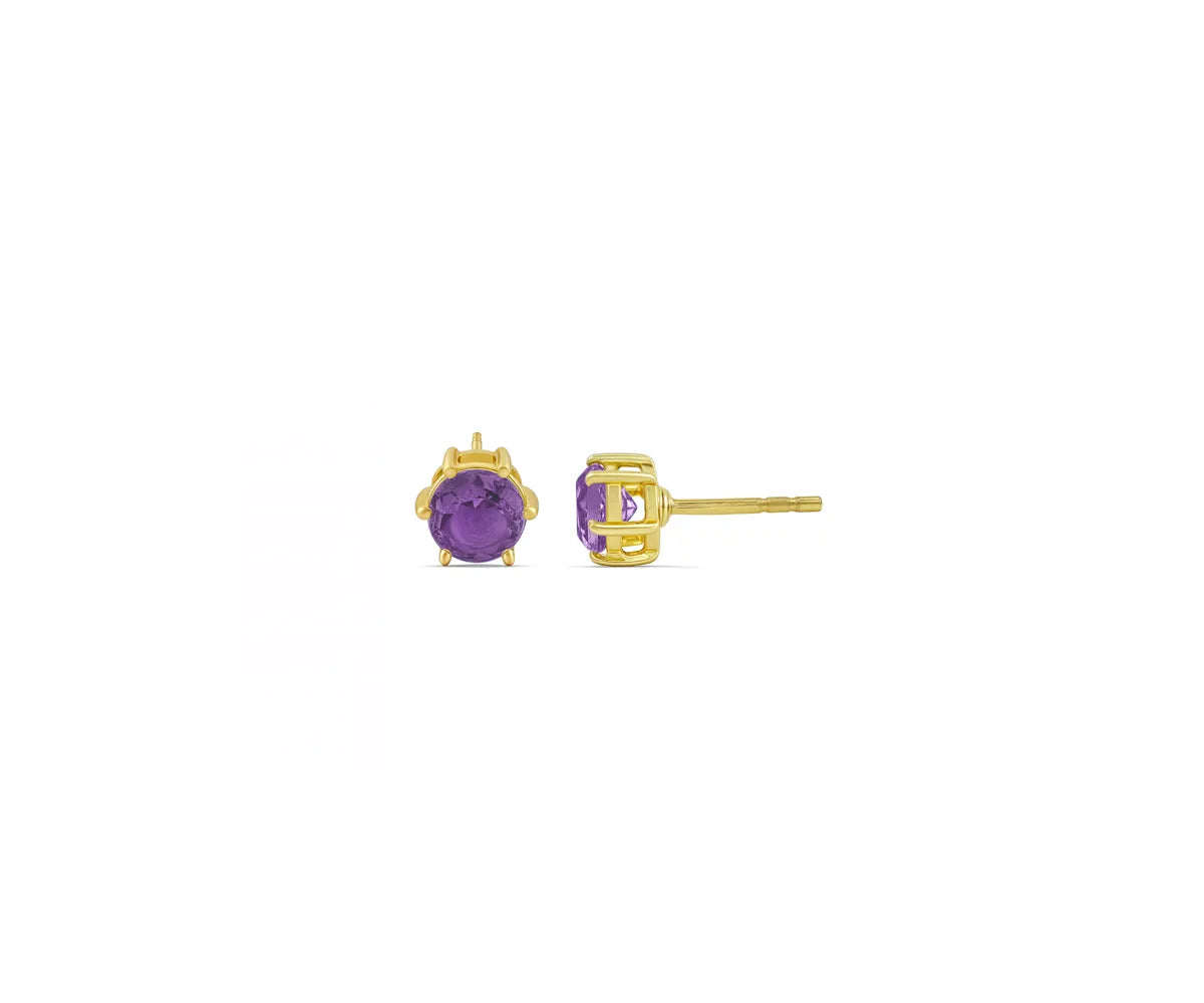 Pair of round 5mm amethyst birthstone earrings on white background"