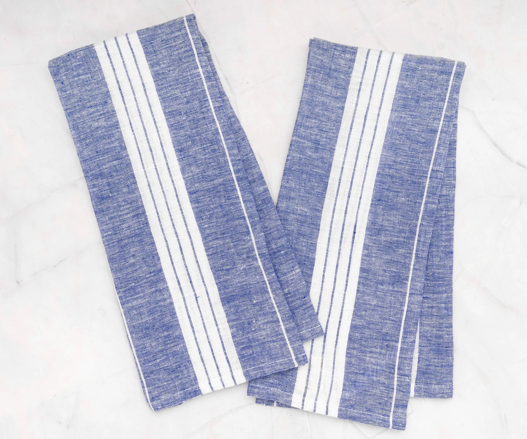 Absorbent and durable linen dish towels with blue and white stripes, set of two
