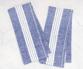 Absorbent and durable linen dish towels with blue and white stripes, set of two