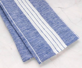 Blue and white striped linen tea towels for drying dishes and lining bread baskets