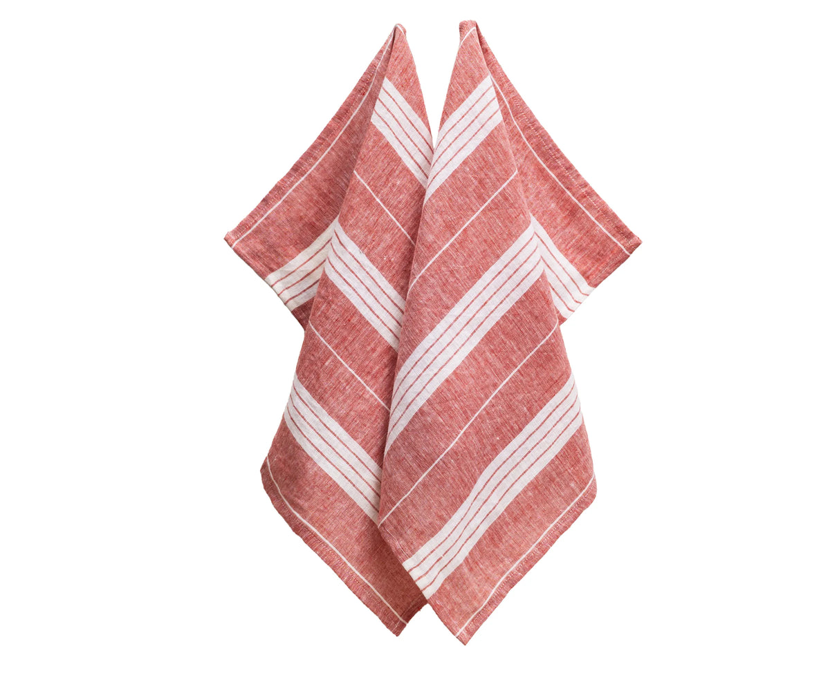 Absorbent red stripe linen tea towels for kitchen use