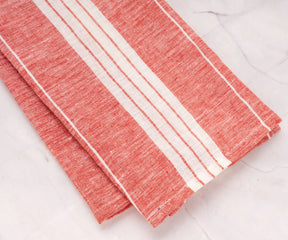 Durable red linen kitchen towels folded on counter, set of 2
