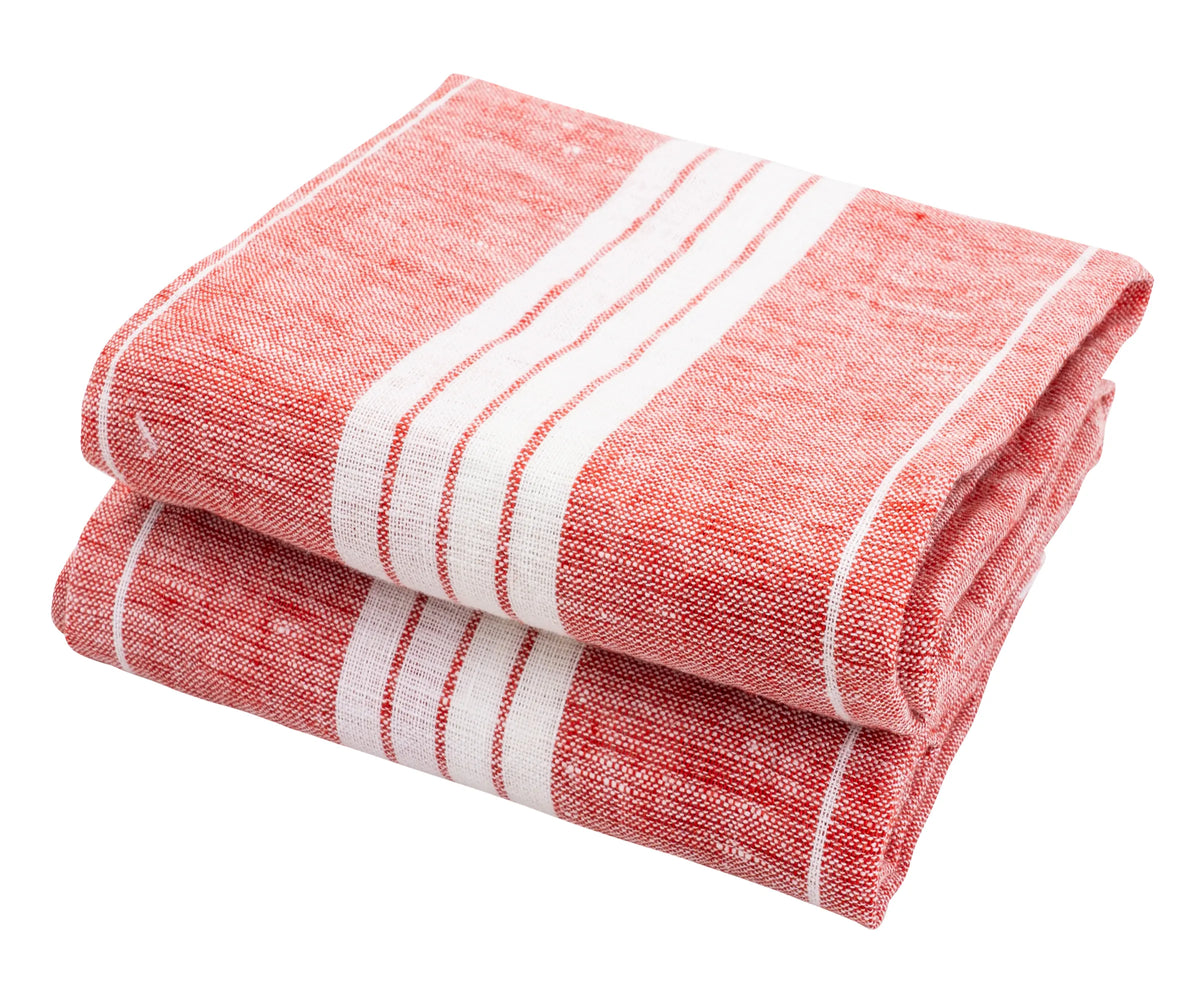 Set of 2 red linen kitchen towels with white stripes, 18x28 inches