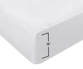 Detailed view of a cotton fitted sheet with measurements