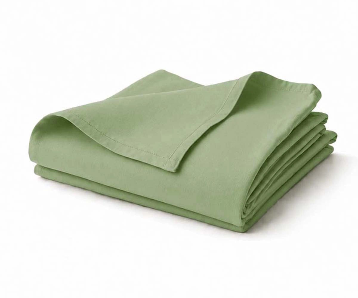 Willow Green 100% Linen Flat Sheet on bed, breathable pre-washed linen top sheet for queen, king, twin, and California king bedding.