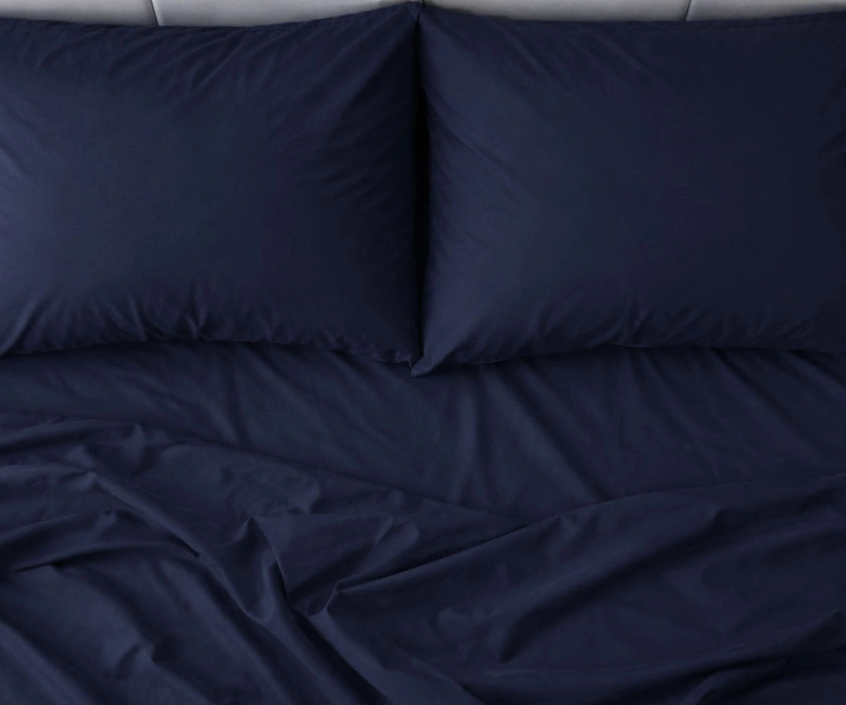 Navy blue cotton sateen bed sheets 400 thread count with silky smooth finish, luxury sateen bedding for king and queen beds.