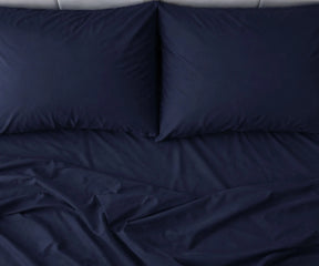 Navy blue cotton sateen bed sheets 400 thread count with silky smooth finish, luxury sateen bedding for king and queen beds.