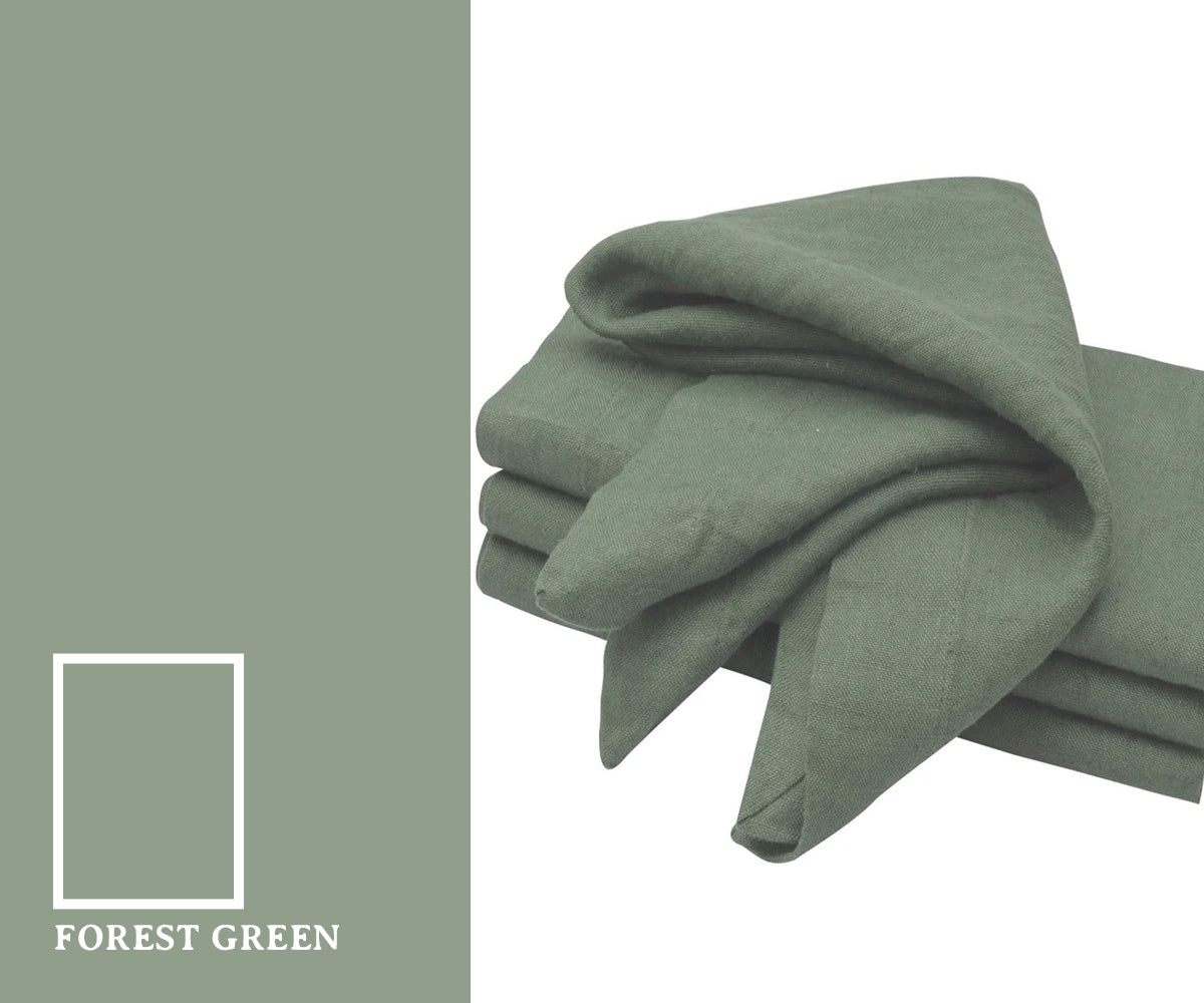 Elegant forest green color napkins in a deep, natural shade inspired by lush greenery, creating a calm and sophisticated look for table settings.