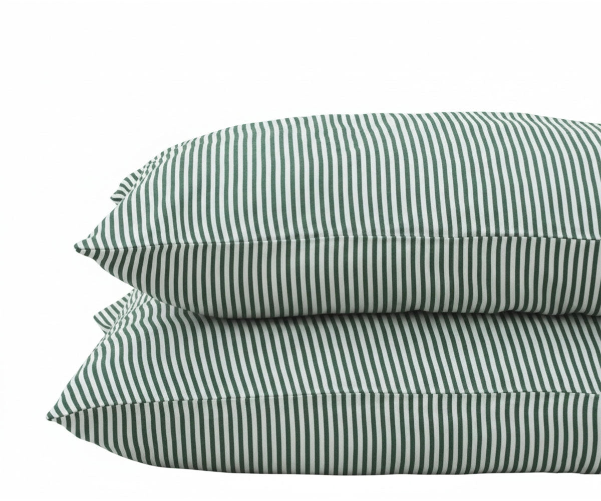 Forest green striped linen pillowcases set of 2, dark green and white pillow covers in 100% breathable linen for modern farmhouse, minimalist, and luxury bedding décor.