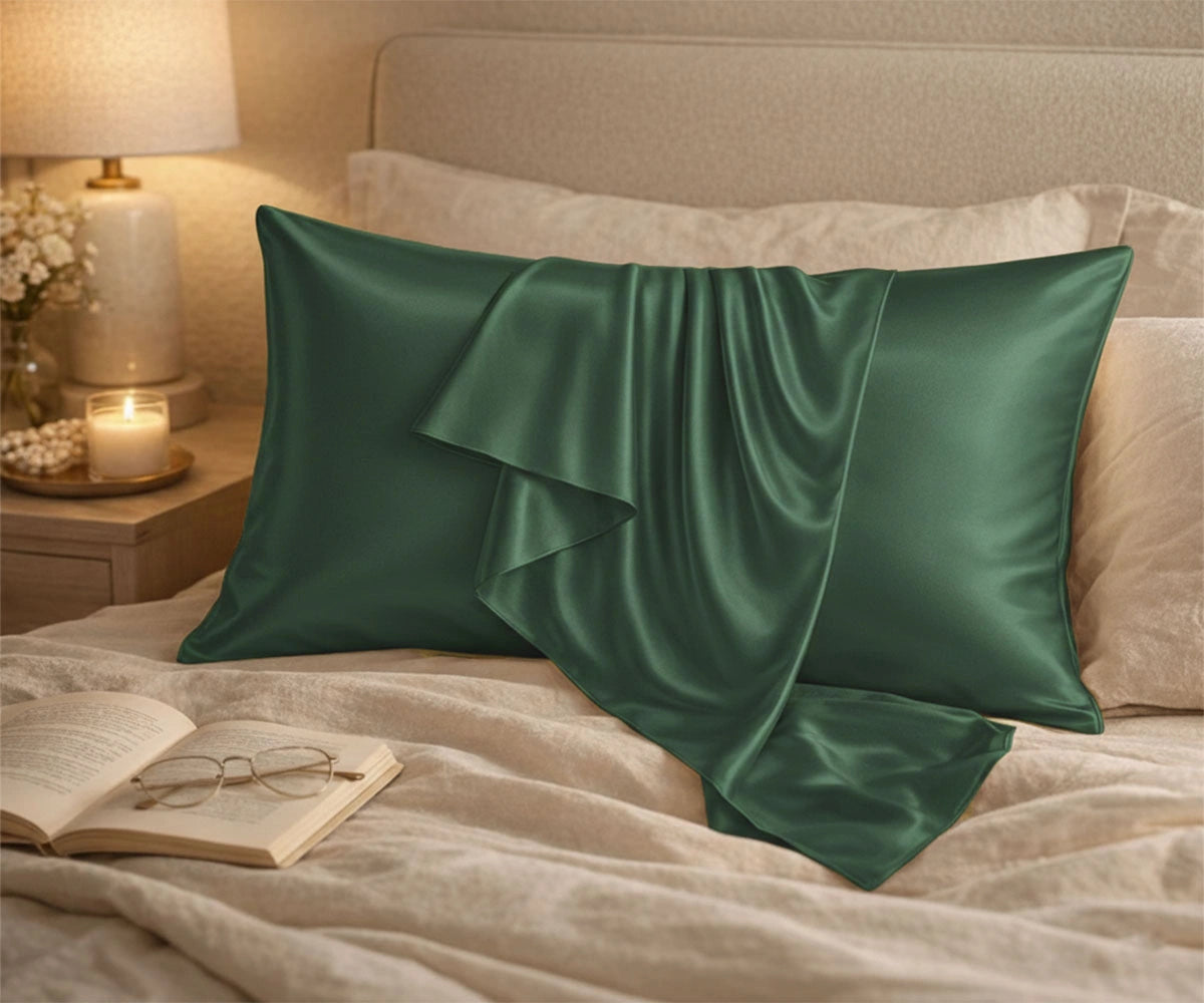 Forest green pure silk pillowcase set crafted from Mulberry silk, breathable pillow cover for frizz-free hair