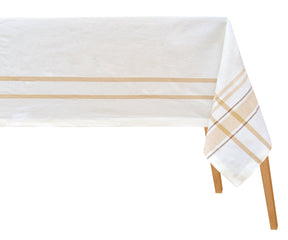 French tablecloth in white with a brown stripe detail for rectangle tables.