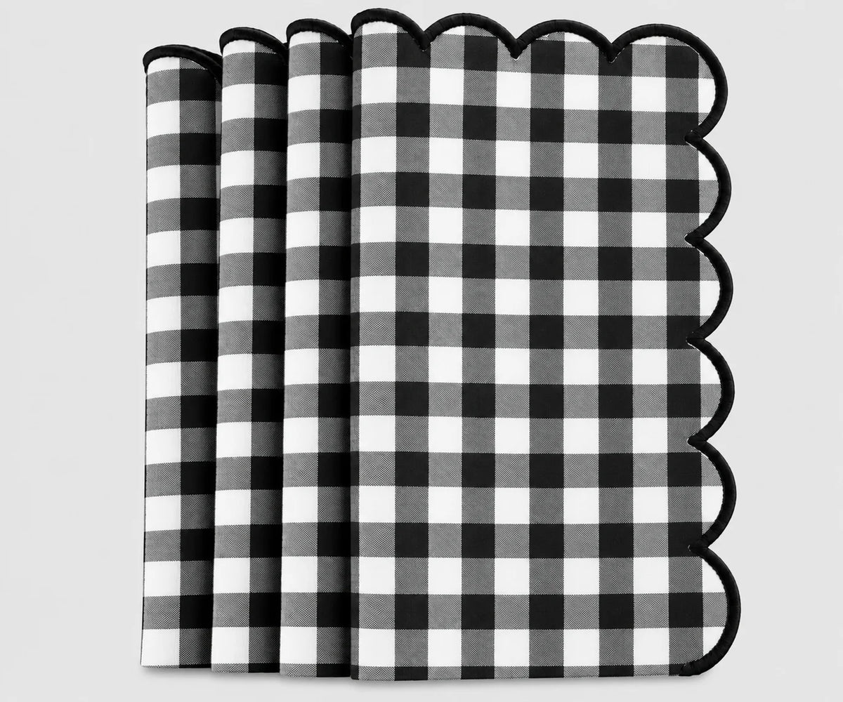 Set of Black and white gingham cotton dinner napkins with red scalloped embroidered edges