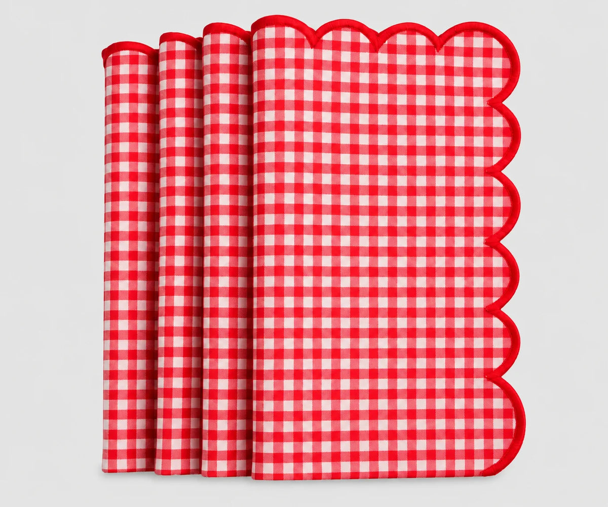 Set of red and white gingham cotton dinner napkins with red scalloped embroidered edges