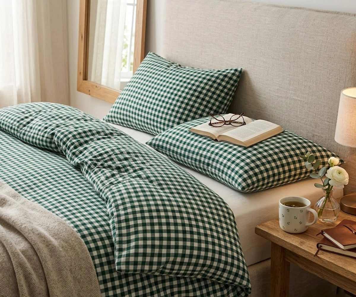 Green gingham checkered duvet cover and matching pillows on a bed with a neutral upholstered headboard and a wooden bedside table.