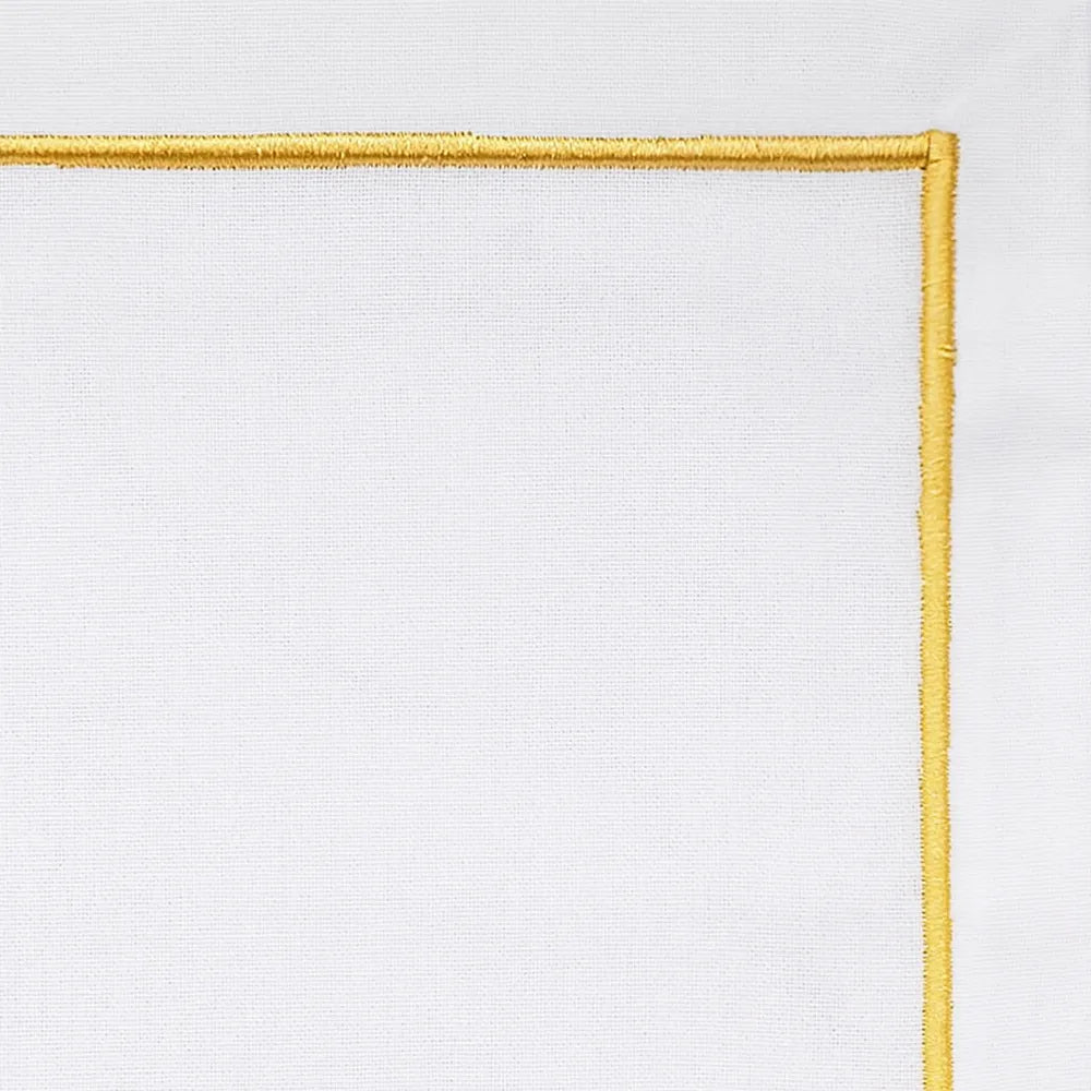Set of white cotton dinner napkins with gold embroidery, reusable cloth napkins available in multiple sizes and bulk quantities for events or home use