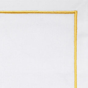 Set of white cotton dinner napkins with gold embroidery, reusable cloth napkins available in multiple sizes and bulk quantities for events or home use