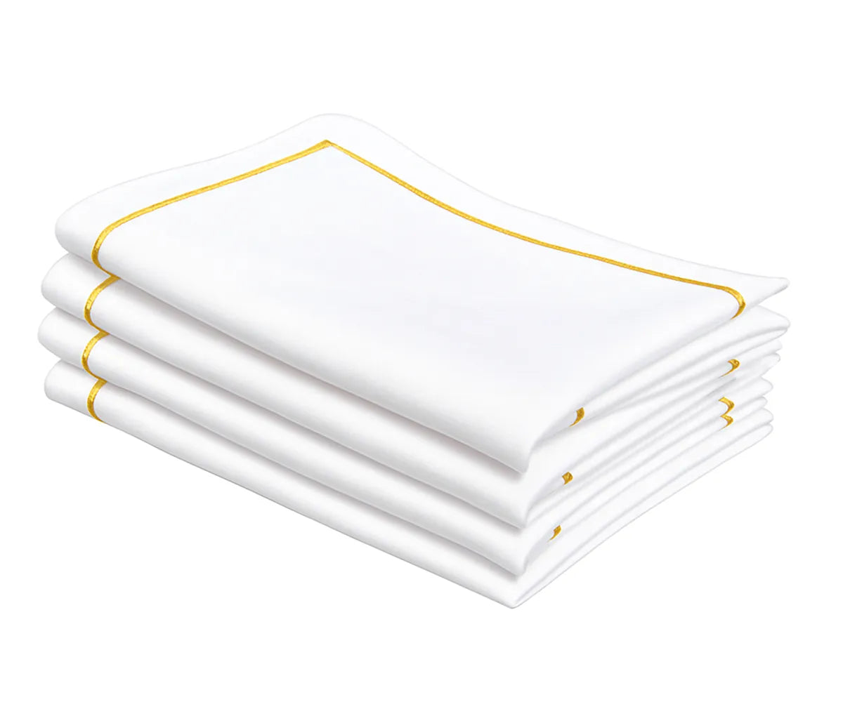 Gold embroidered cotton dinner napkins in white, elegant 100% cotton cloth napkins for weddings, restaurants, and everyday dining