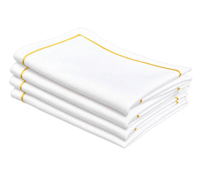 Gold embroidered cotton dinner napkins in white, elegant 100% cotton cloth napkins for weddings, restaurants, and everyday dining