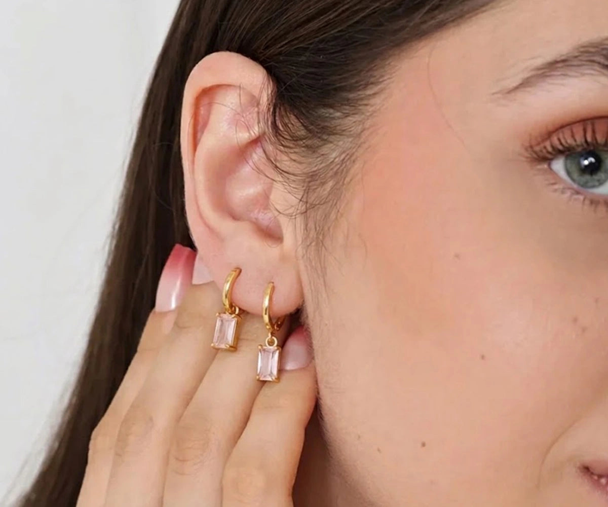 rose quartz huggie earrings gold plated baguette pink gemstone hoops, dainty rose quartz earrings gold huggie hoops romantic pink gemstone jewelry