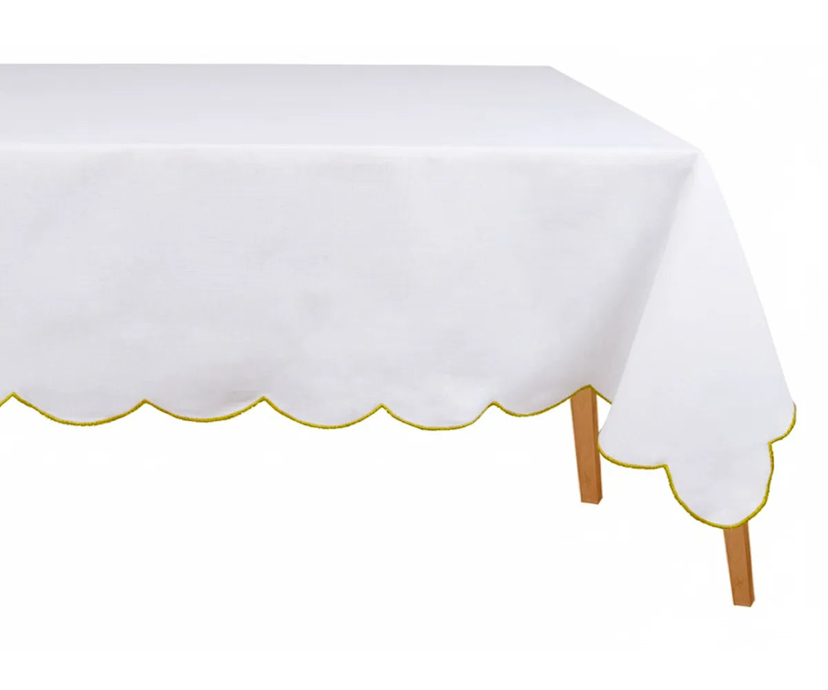 Luxurious white cotton tablecloth with gold scalloped embroidery — elegant and timeless embroidered table linen for weddings, holidays, and special occasions. Premium 100% cotton rectangle tablecloth.