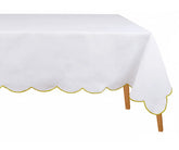Luxurious white cotton tablecloth with gold scalloped embroidery elegant and timeless embroidered table linen for weddings, holidays, and special occasions. Premium 100% cotton rectangle tablecloth.