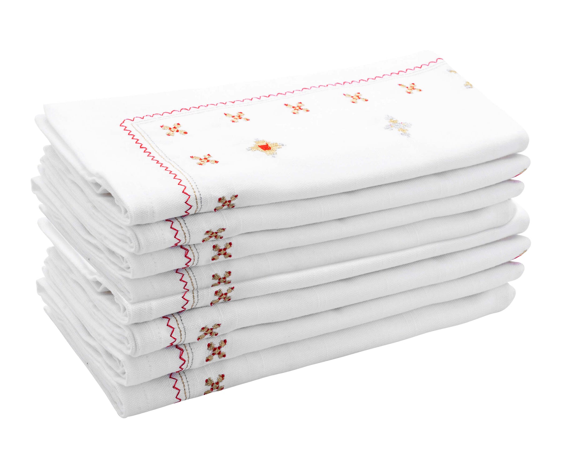 Red cotton napkins Some white napkins feature decorative elements like embossing, patterns, or borders for added visual appeal.